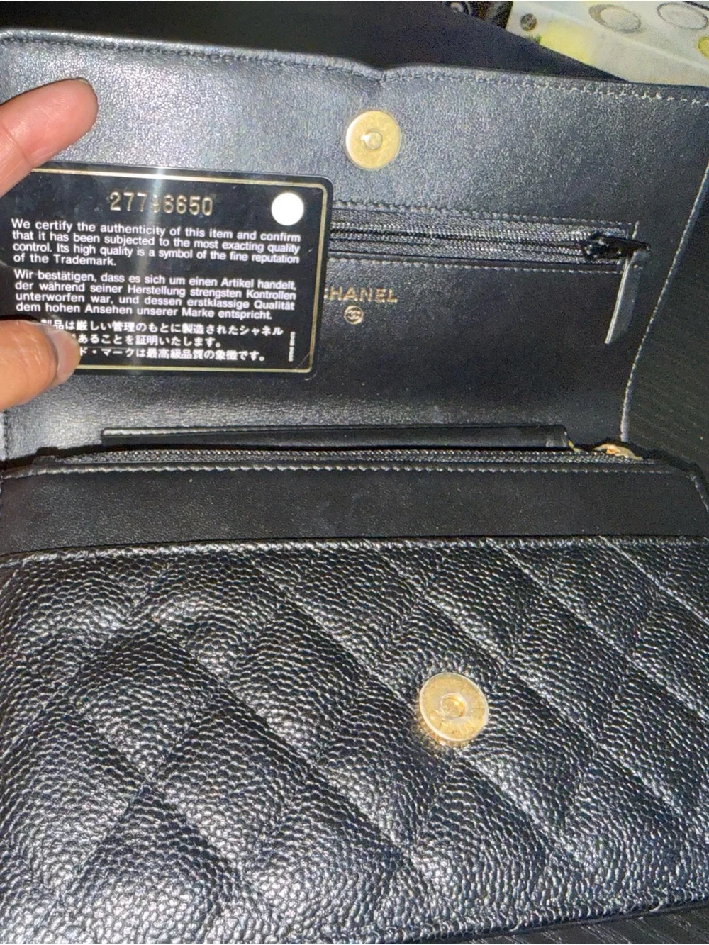 CHANEL Black Quilted Caviar Leather Mini Wallet on Chain with Gold Hardware